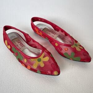 VTG 80s 90s ESPRIT Red Mesh Floral Pointed Sling Back Shoes Sz 5 / Sandals Flats